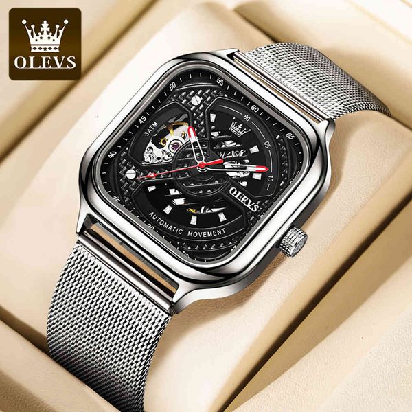 

olevs heren watches waterproof automatic self winding religion masculino hip hop square skeleton table, Slivery;brown