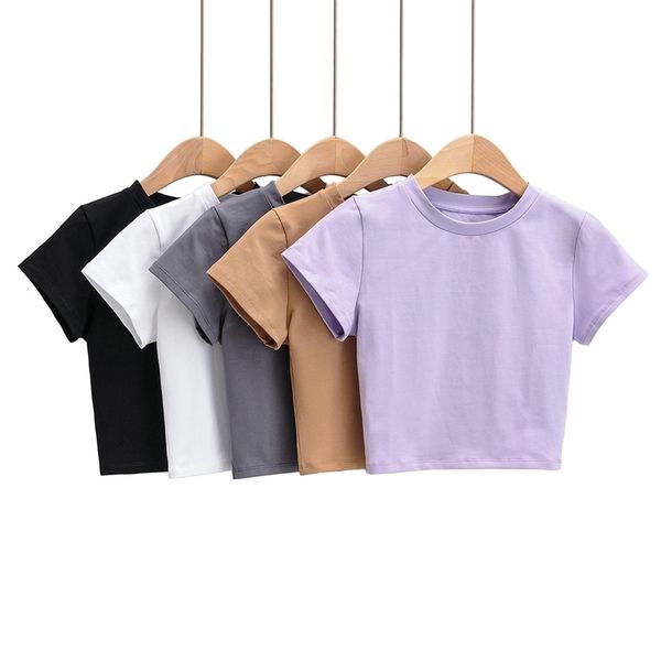 

bradely michelle fashion casual slim summer woman fit t-shirt tight cotton short-sleeve o-neck basic tee crop 210315, White