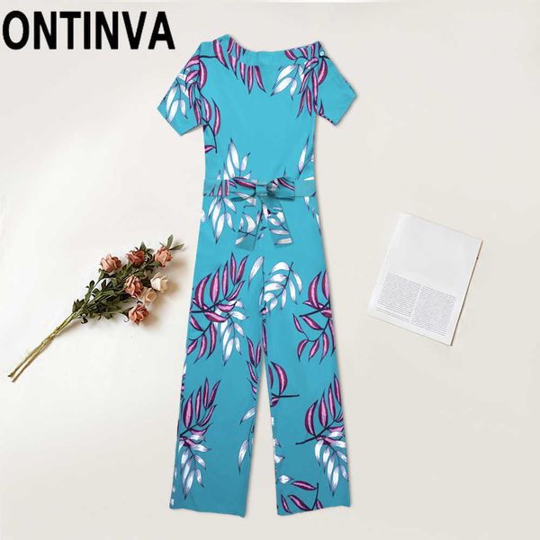 

women one bare shoulder jumpsuits green print boho beach vacation holiday long loose casual overalls with sashes rompers 210527, Black;white