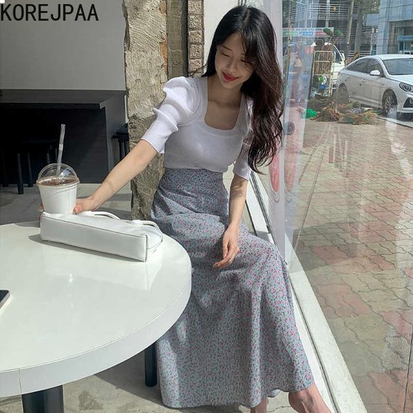 

korejpaa women sets summer korean chic sweet temperament square neck slim thin puff sleeve sweater floral high waist skirt 210526, White