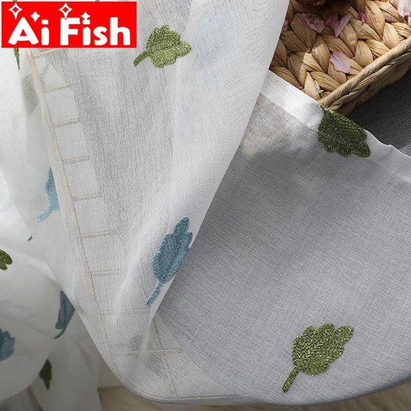 

green leaves cotton linen embroidered tulle curtains gauze panels pastoral curtains for living room for kitchen drapes wp311#3