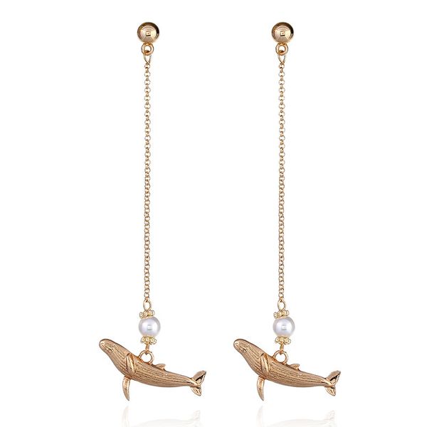 

ez1006 new popular long chain dolphin pearl earrings, Silver