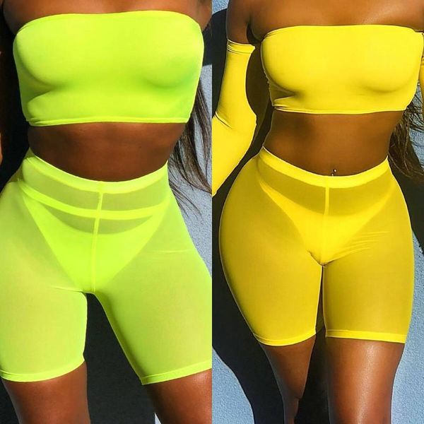 

women's shorts omsj 2021 summer fashion yellow mesh transaparent women casual ladies high waist, White;black