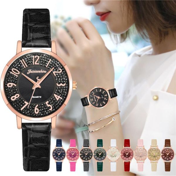 

wristwatches korean womens wristwatch fashion female quartz watch business black leather strap arabic digital diamond dial ladies wrist, Slivery;brown
