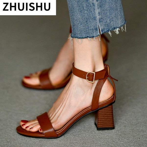 

sandals fashion retro high heels leather women's 2021 summer party wedding shoes ankle buckle feminine, Black