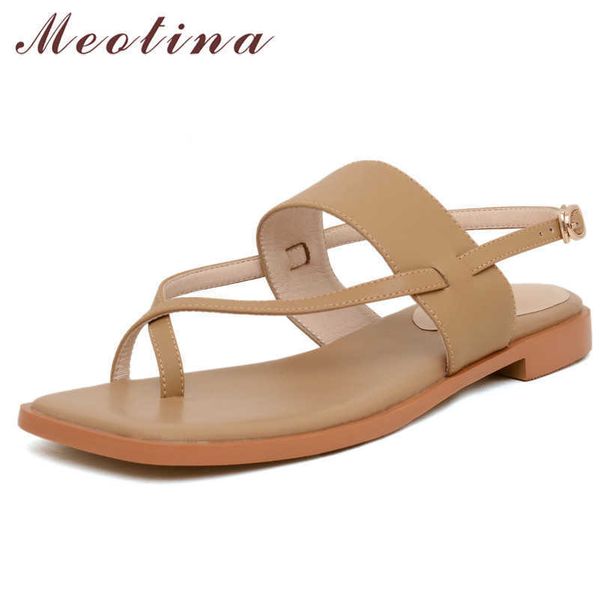 

meotina women sandals flip flops genuine leather flat shoes square toe buckle strap lady footwear female sandals summer beige 40 210608, Black