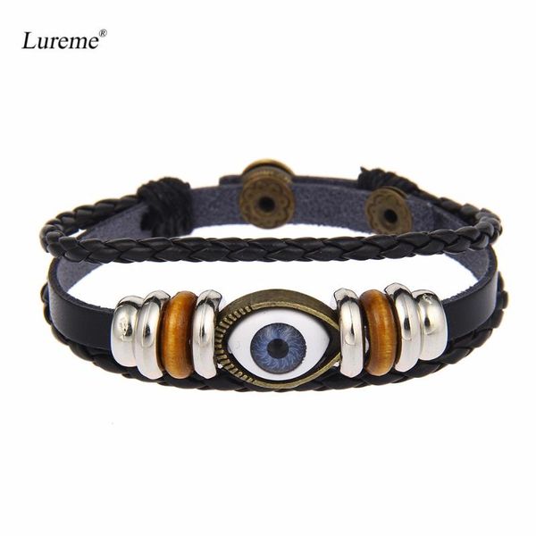 

lureme vintage jewelry evil eye wood beads leather multi layers bracelet adjustable (bl003158), Golden;silver