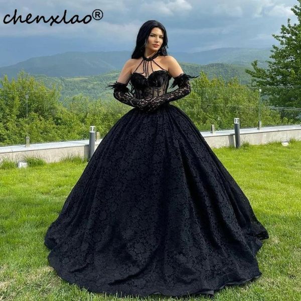 

party dresses chenxiao goth black prom dotted halter ball vestido lace fearthers beads gowns design minority, White;black