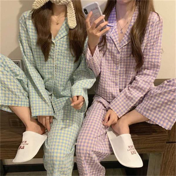 

caiyier green grid women pajama set korean style loose leisure sleepwear elastic waist pant nightwear spring winter home clothin 211007, Black;red