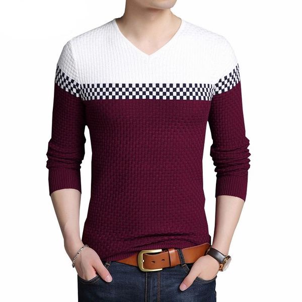 

men's sweaters 2021 autumn winter warm wool casual hit color patchwork v-neck pullover men brand slim fit cotton sweater, White;black