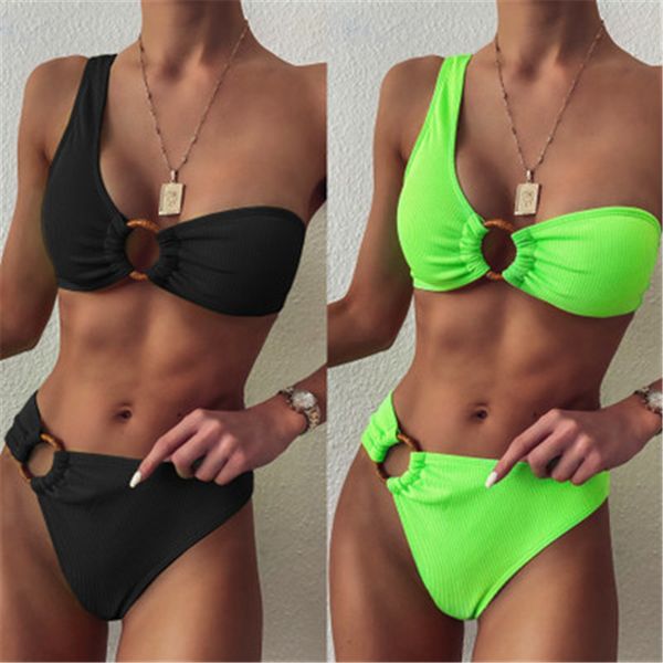 

womens solid colors bikinis swimwear fashion trend gather bras briefs split swimsuit summer female one shoulder beach bikini sets, White;black