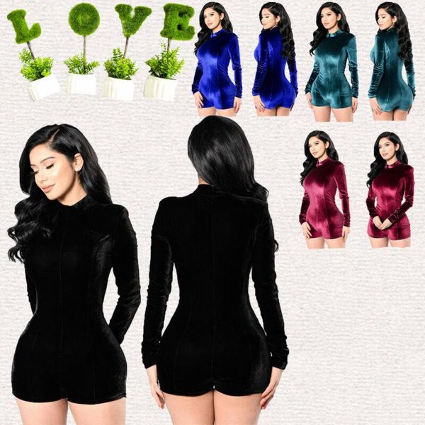 

women's jumpsuits & rompers show body turtleneck slim solid nightclub tights gold velvet long sleeve tight warm short jumpsuit playsuit, Black;white