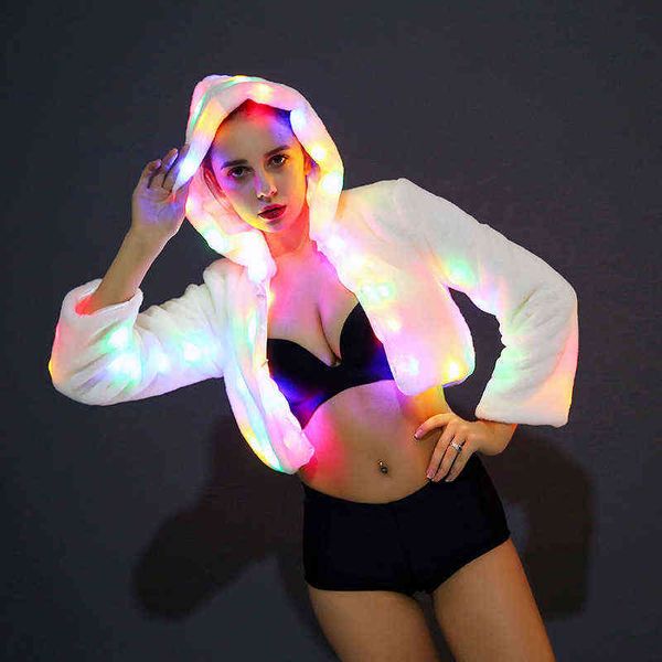 Casaco de coelho de faux peludo na moda para mulheres outono inverno encapuçado aquecido aquecido jaquetas brancas de rua com luz LED 211207