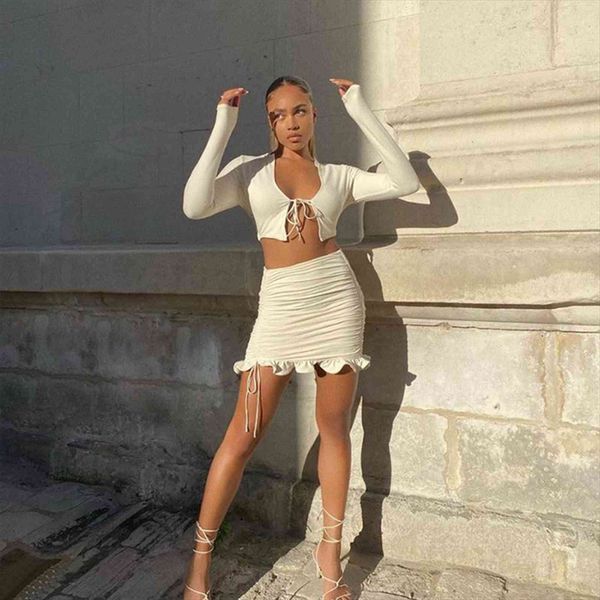 

two piece set summer womens tracksuits autumn long sleeve bandage crop ruffle drawstring mini skirts club 2pcs, Gray