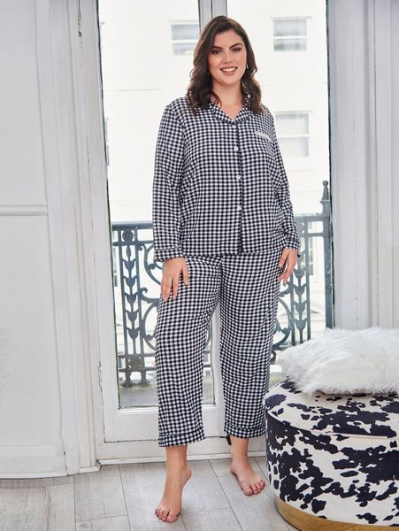 

plus gingham print contrast lace blouse & pants pj set s91s#, Black;white