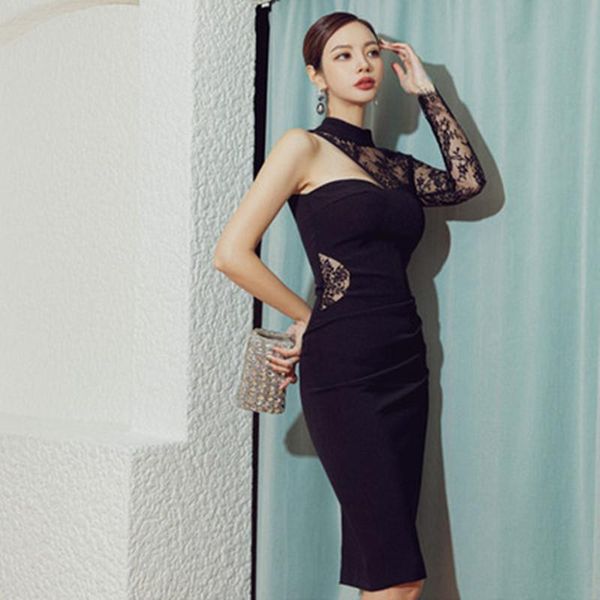 

fashion 2021 spring women elegant lace stitching dress lady high-end hollowing out black chic banquet pencil dress, Black;gray