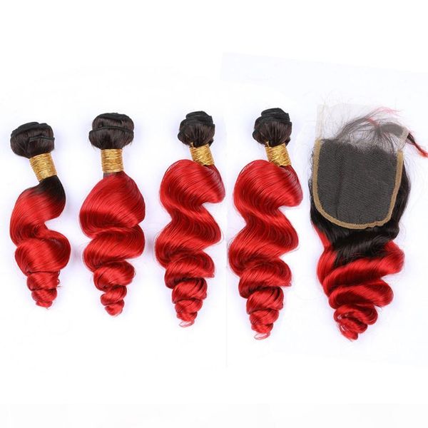 

ombre bright red indian human hair loose wave weave bundles with closure #1b red ombre loose wavy 4bundles with lace front closure 4x4, Black;brown
