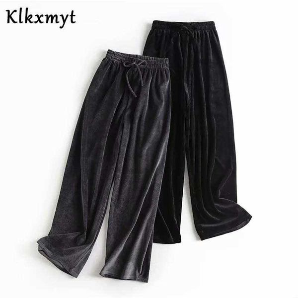 

klkxmyt za women chic fashion side pocket velvet wide leg pants vintage high elastic waist drawstring female trousers mujer 210527, Black;white