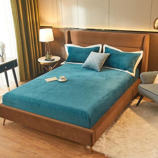 

sheets & sets fitted sheet solid color mattress cover winter keep warm bedding bed with elastic band double king size 160x200