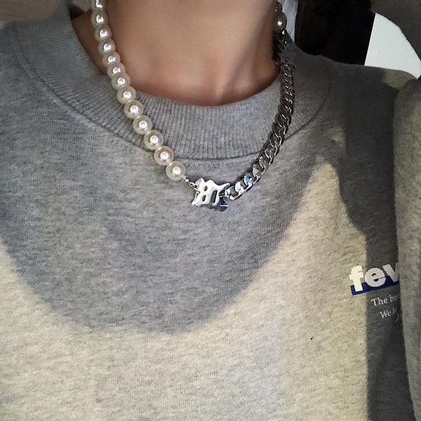 

chains simple letter pearl necklace trend creative stitching chain hip hop style ladies clavicle girl accessory, Silver
