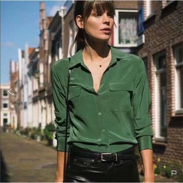 

2021 new pink silk shirt women summer casual long sleeve pockets button up offfice lady shirts vintage elegant camisas mujer autumn scch, White