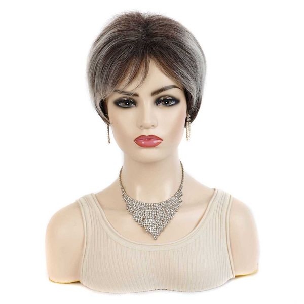 

export wig red brown oblique bangs brown white short wig head cover, Black