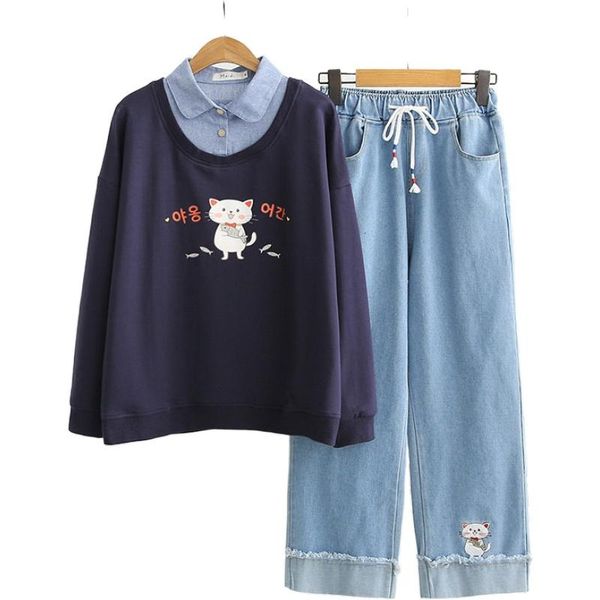 

women's two piece pants causal set cartoon cat print fake 2 hoodies sweatshirt and embroidery denim blue girls suit sets, White
