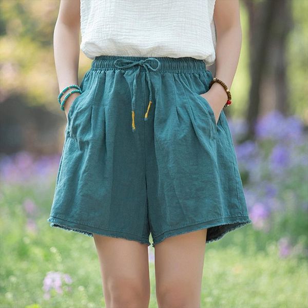 

cotton linen wide leg womens shorts elastic waist patchwork pockets summer solid color loose casual, White;black