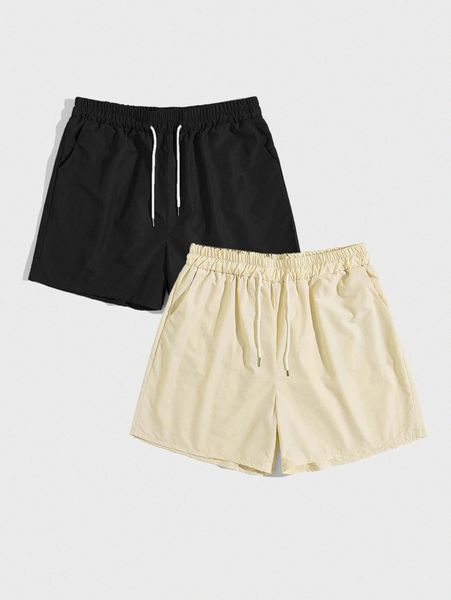 

romwe 2pcs guys solid drawstring shorts r7nh#, Black