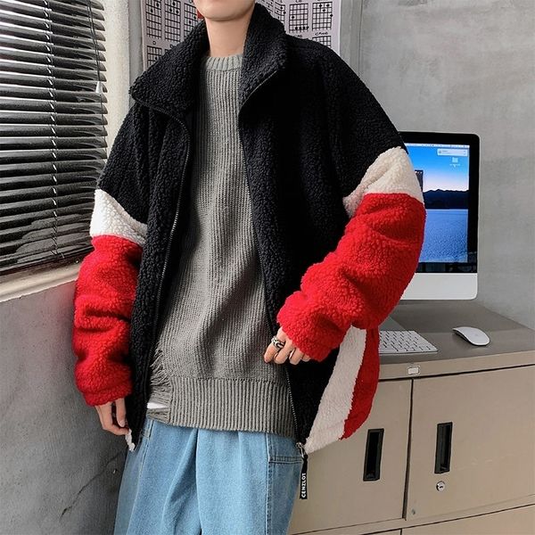 

2021 winter thick lamb fur jacket men's warmth fashion retro hit color casual men short coat mens clothes m-2xl kd4r, Black