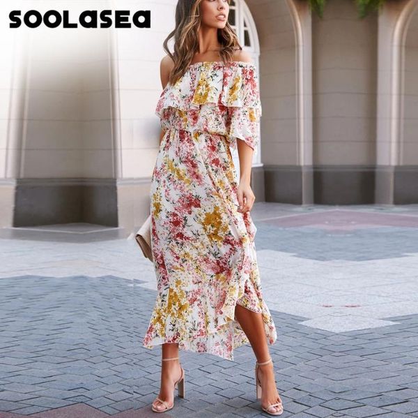 

casual dresses boho soolasea strapless dress long women gypsy floral ruffles summer vestidos ladies vintage maxi slip chic female, Black;gray