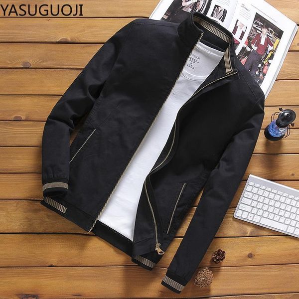 

men's jackets yasuguoji 2021 casual stand collar rib spliced long sleeve jacket men solid color cotton mens cargo chaqueta hombre1, Black;brown