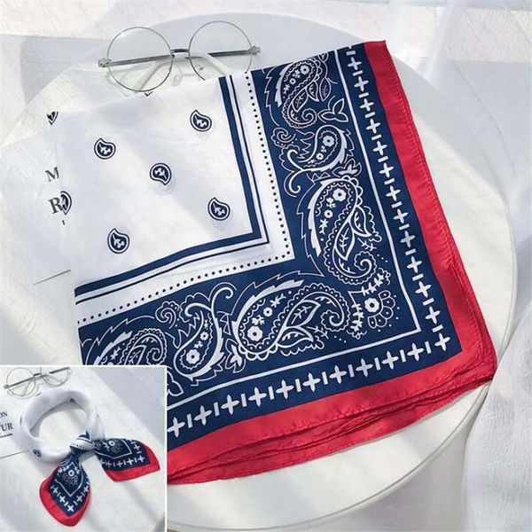 

scarves 2021 hijab scarf women bandana silk foulard femme hair versatile retro design small kerchief color contrast, Blue;gray
