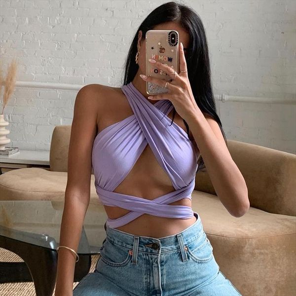 

sleeveless solid bandage halter patchwork womens camis hollow out spring summer women fashion streetwear outfits, White