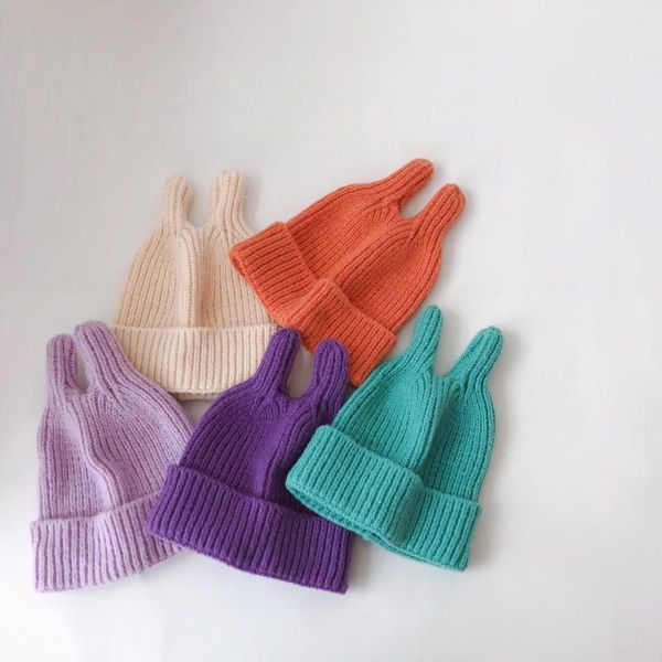 

caps & hats solid color baby beanies soft thickening warm kids boys girls lovely ears knitted autumn winter toddlers children 6 co, Yellow