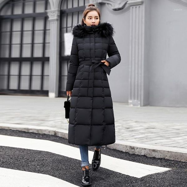 

big fur winter coat thickened parka women stitching slim long winter cotton-padded coat down cotton lady down parka jacket1, Black