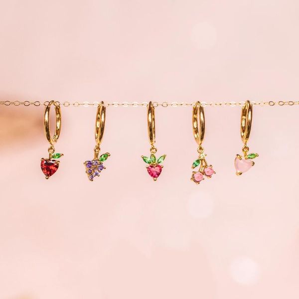 

hoop & huggie cute summer collection cz colorful fruits charm 18k gold plated small huggies for girl ladies sweet dainty fruit earring, Golden;silver