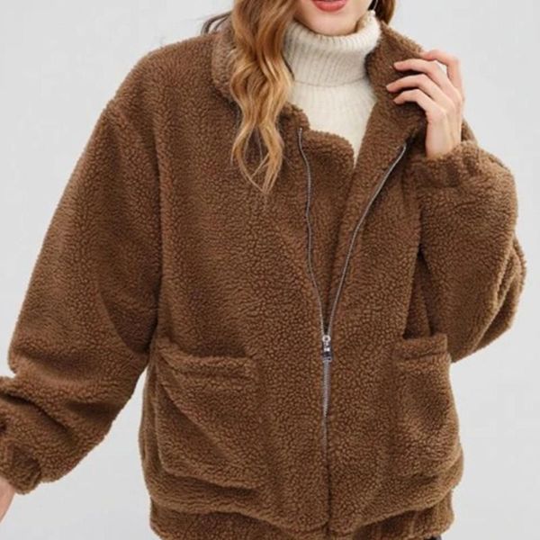 

women's fur & faux 2021 spring women coat stand collar loose plush jacket zipper solid warm outwear lamb coats, Black