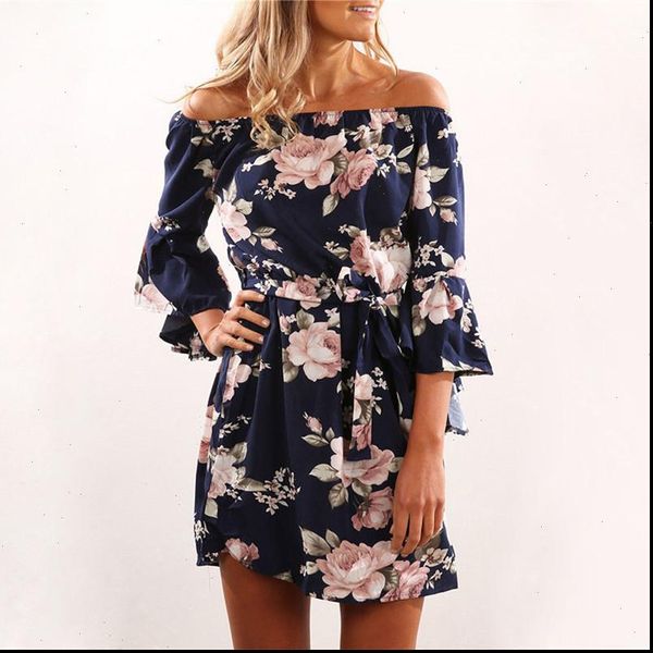 

women dress 2021 summer off shoulder floral print chiffon dress boho short party beach dresses vestidos de fiesta, Black;gray
