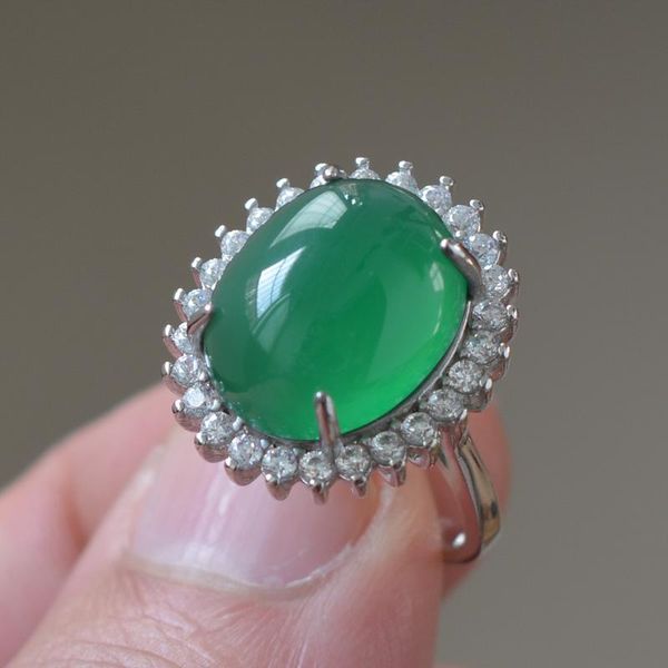 

cluster rings (certificate)women s925 agate ring green chalcedony egg silver circle gift for female fine jewelry, Golden;silver