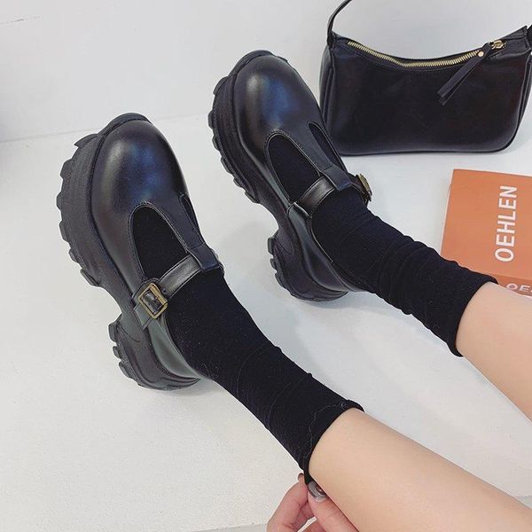 

small leather shoes female british college style spring new japanese single shoes thick bottom platform retro mary jane, Black