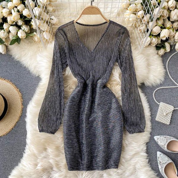 

party dress bright shiny long sleeve v-neck perspective bodycon dress women's autumn slim fit night club, Black;gray