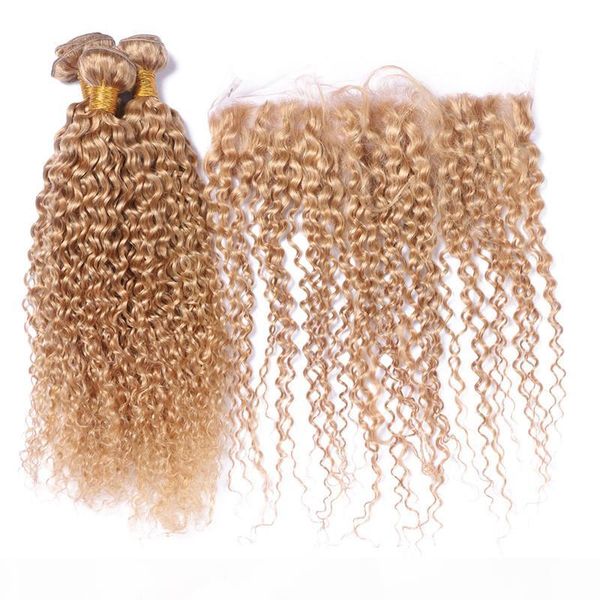 

#27 honey blonde indian human hair with frontal kinky curly 3bundles with frontal strawberry blonde virgin hair with 13x4 lace frontal, Black;brown