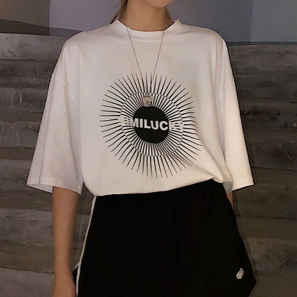 

2021 new korean streetwear personality three-dimensional impression female shirt summer kpop oversized 0-neck short schoolgirl t-sleeve hb1k, White
