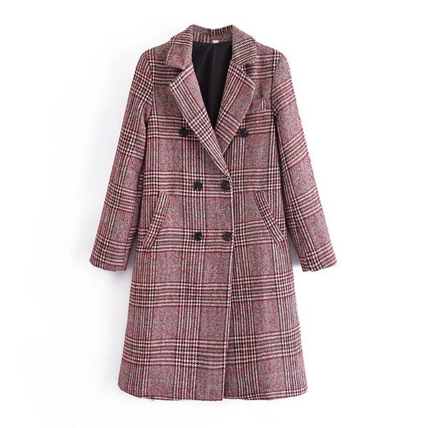 

women's wool & blends women 2021 autumn fashion red check woolen jacket overcoat vintage long sleeve double breasted female outerwear c, Black