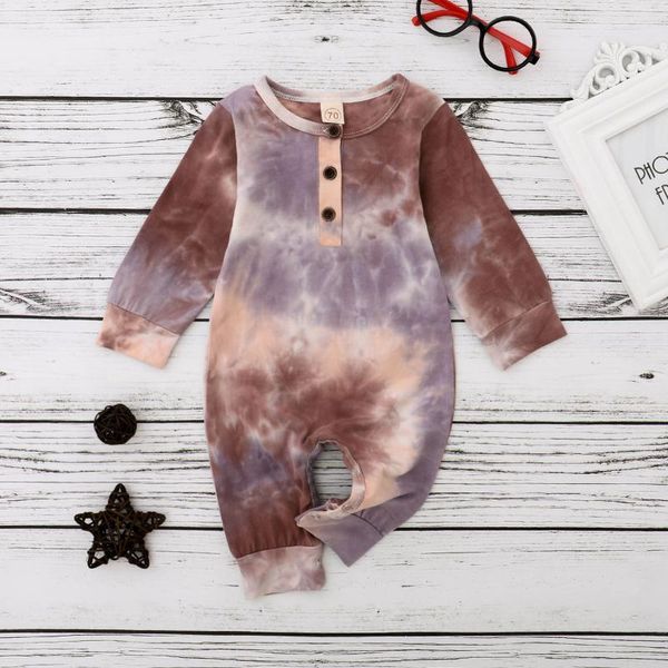 

jumpsuits pudcoco baby boy girl button rompers long sleeve tie dye print one piece jumpsuit autumn spring warm cozy soft clothes 0-18m, Blue