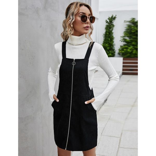 

women solid color overall dress autumn winter adults zipper sleeveless dress with slant pockets vintage ladies dresses, Black;gray