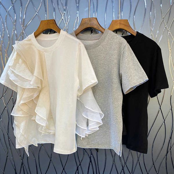 

fabpop patchwork ruffle white for women o neck short sleeve casual t shirt female fashion clothing gb466 210709