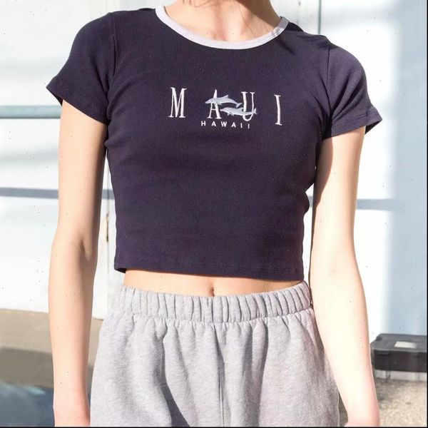 

women embroidery front distressed short sleeve fit washed tee cotrast neck cotton crop drop shipping, White