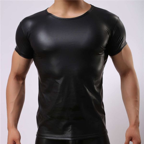 

fashion imitation leather t-shirt soft and comfortable men's short sleeve, Black